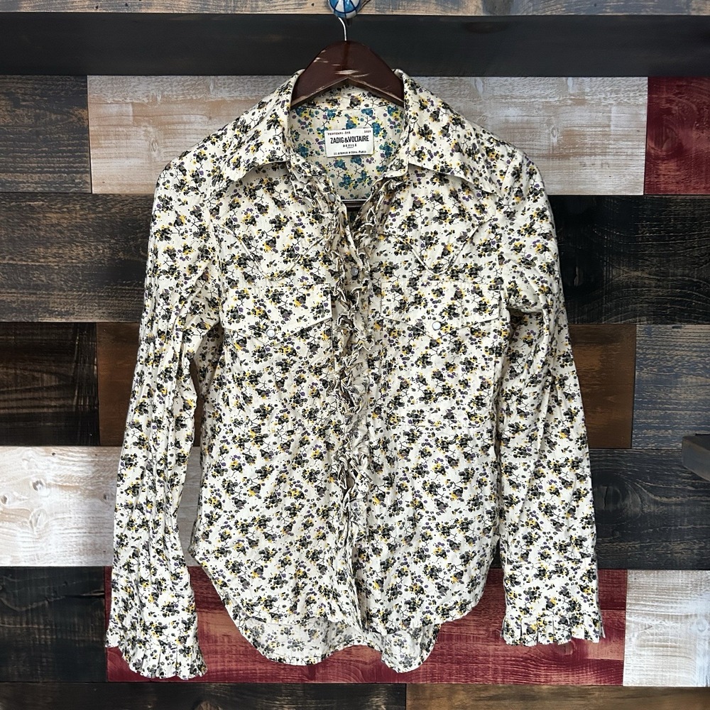zadig voltaire Blouse Floral Ruffle Shirt Snap Button Size XS